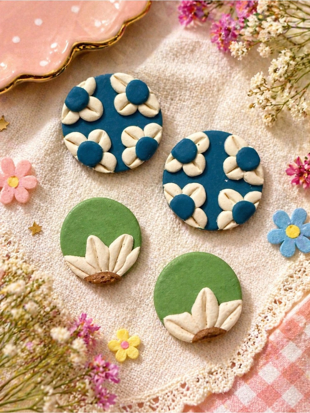 Floral Handmade Polymer Clay Earrings - Blue & Green
